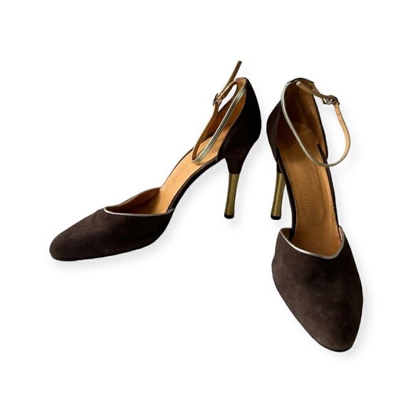 Charles Jourdan Brown Suede Ankle Strap Pumps With Gold Metal Heel, Size 8 1/2 - Picture 2 of 15